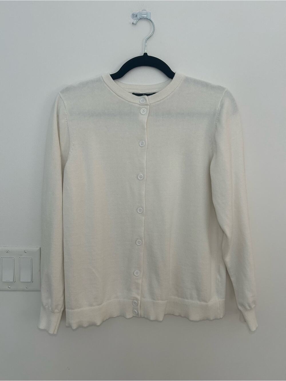 LILLUSORY Women’s Large White 100% Cotton Crew Neck Button Front Cardigan